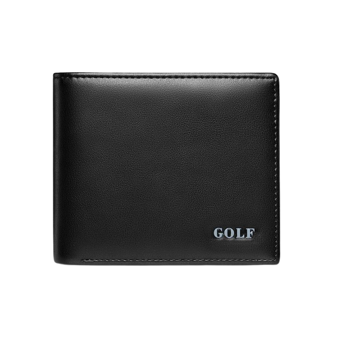 Carteira masculina em couro preto com acabamento liso, costura discreta e logotipo 'GOLF' em relevo metálico no canto inferior direito, oferecendo um design moderno e elegante.