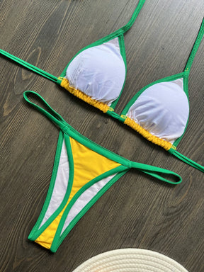 RUOTONSEPT Sexy Embroidery Brasil Flag Contrast Split Bikini Set Women Swimwear Patchwork Swimsuit Hottie Outfit SummerBeachwear