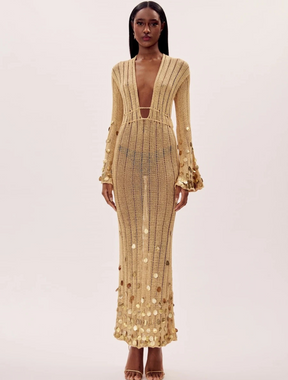 Vestido Longo Tricô Dourado Sahara
