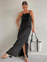 vestido preto midi flor de linho